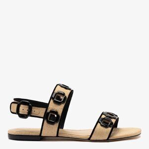 Larroudé Milan Flat Sandal In Beige Raffia and Black Trimming. Size 9. NEW